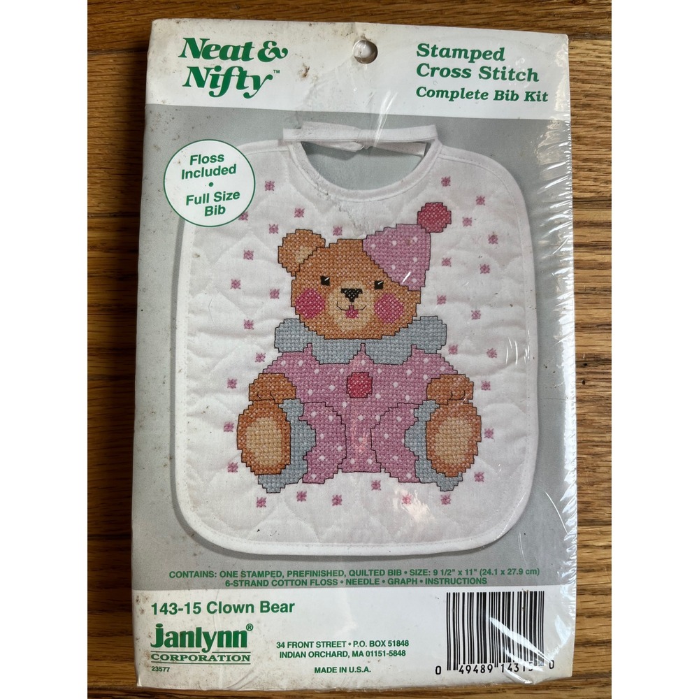 VTG Janlynn Neat & Nifty Stamped Cross Stitch Kit 143-15 Clown Bear Baby Bib New